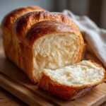 A loaf of Easiest Homemade Fluffy Bread, sliced and sitting on a wooden cutting board.