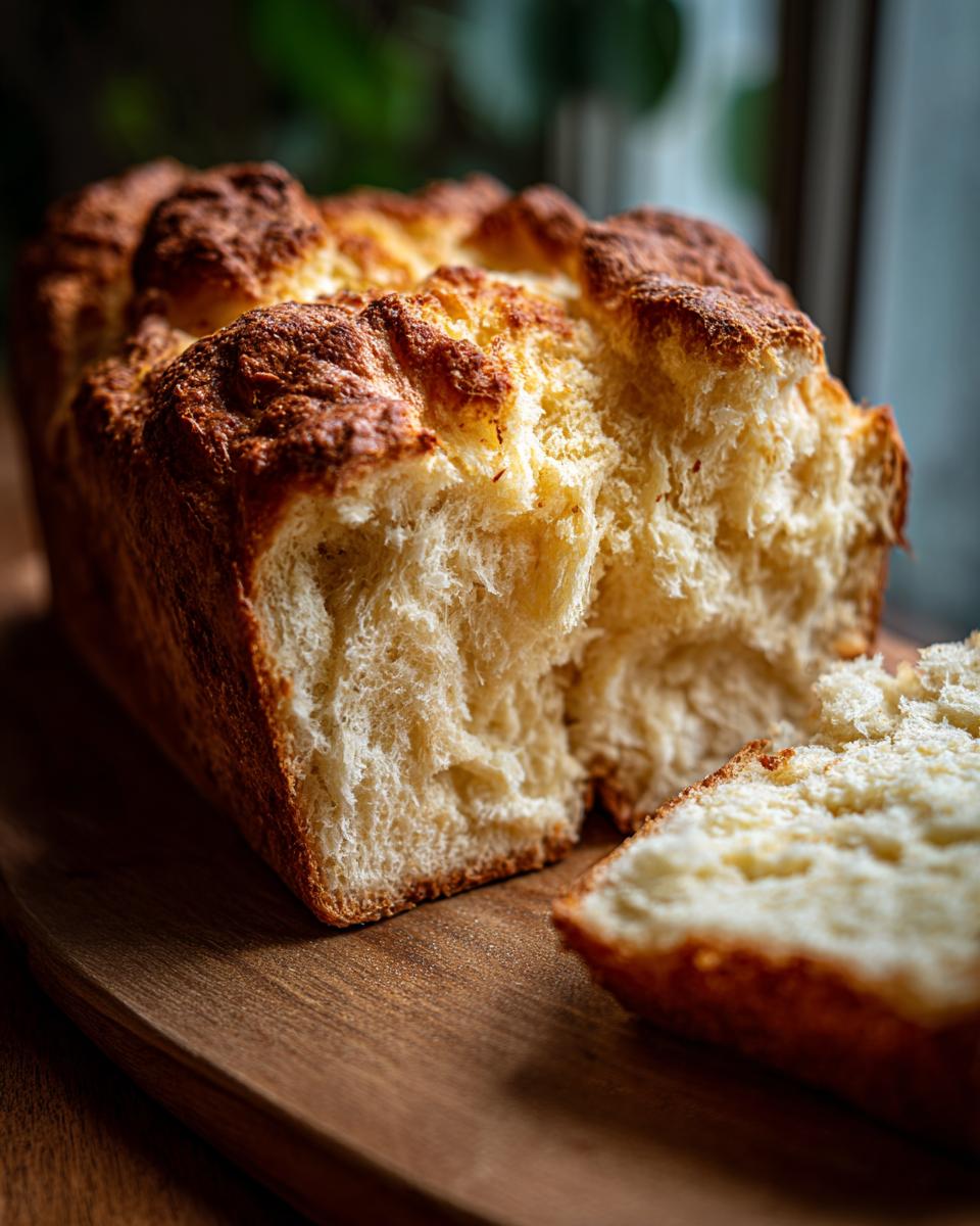 Close-up of a loaf of Easiest Homemade Fluffy Bread, with a slice cut, on a wooden board.