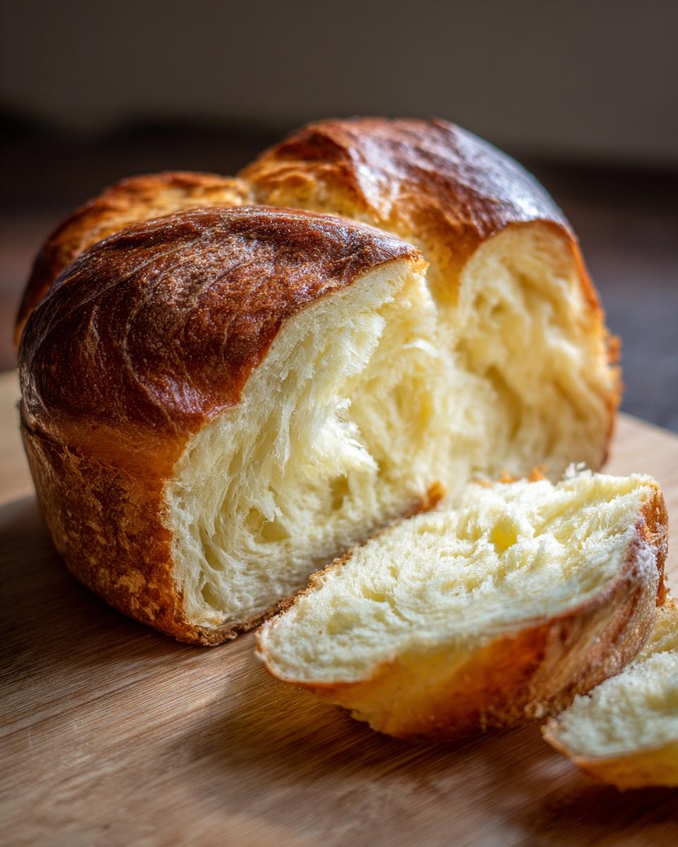 Close-up of sliced Easiest Homemade Fluffy Bread loaf on a wooden cutting board, showcasing its soft texture.