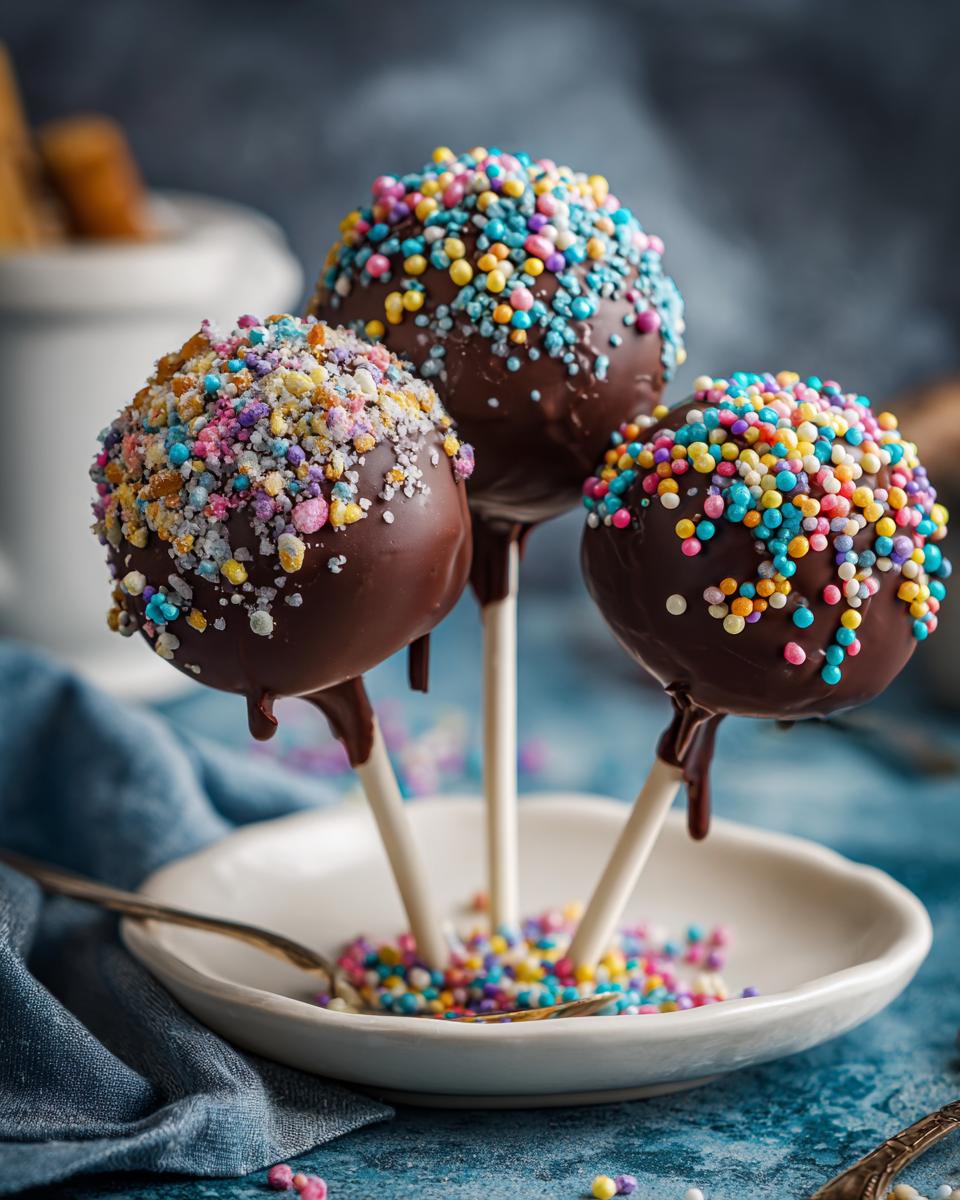 Three easiest no-bake cake pops with chocolate coating and colorful sprinkles on a small white plate.