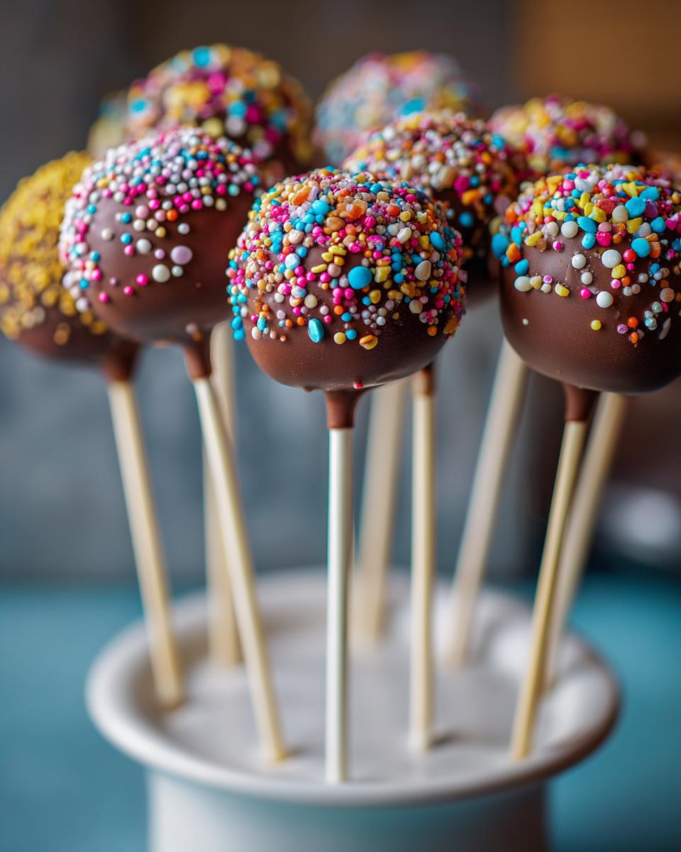 A batch of Easiest No-Bake Cake Pops covered in chocolate and colorful sprinkles, displayed in a white holder.