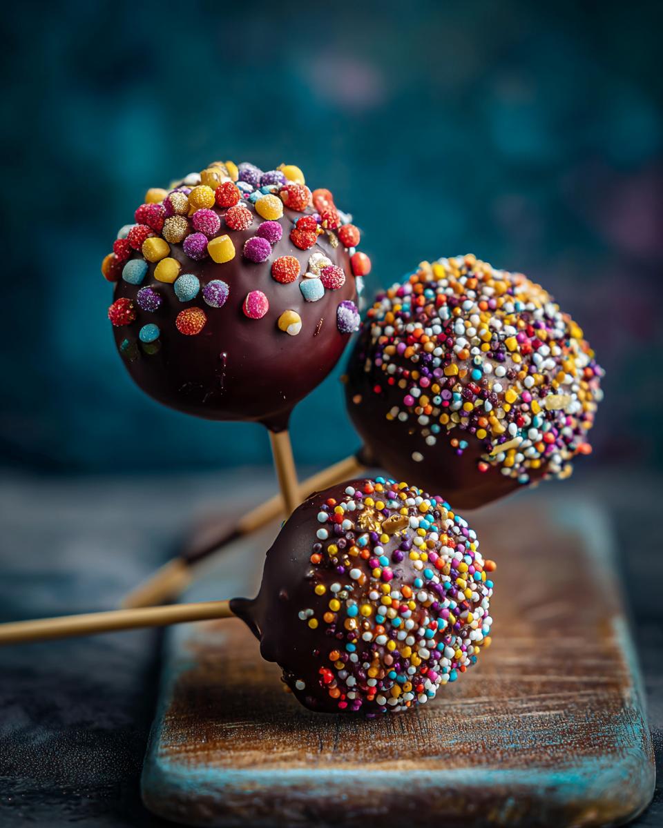 Three easiest no-bake cake pops covered in chocolate and colorful sprinkles on a wooden board.