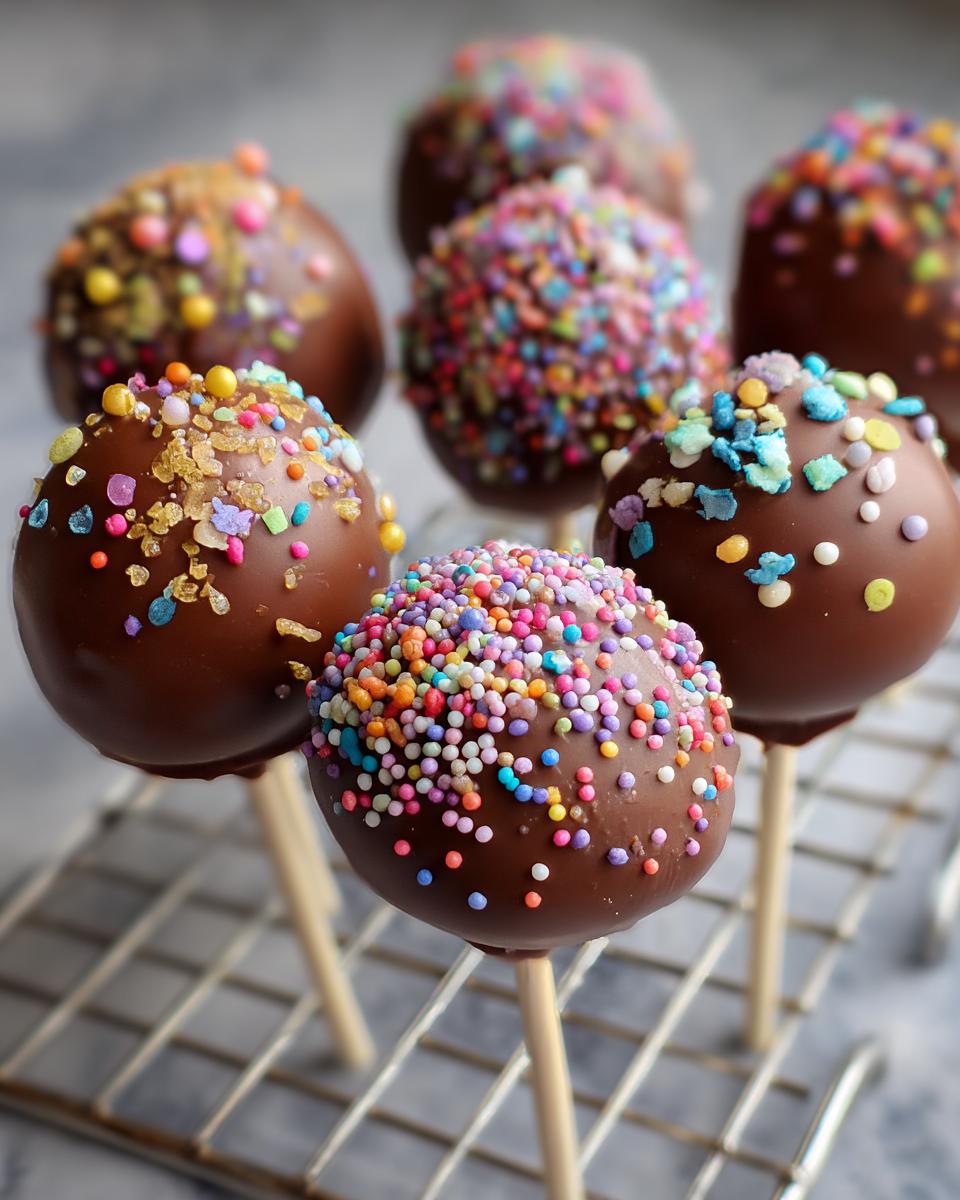A group of chocolate-covered Easiest No-Bake Cake Pops decorated with colorful sprinkles on a wire rack.