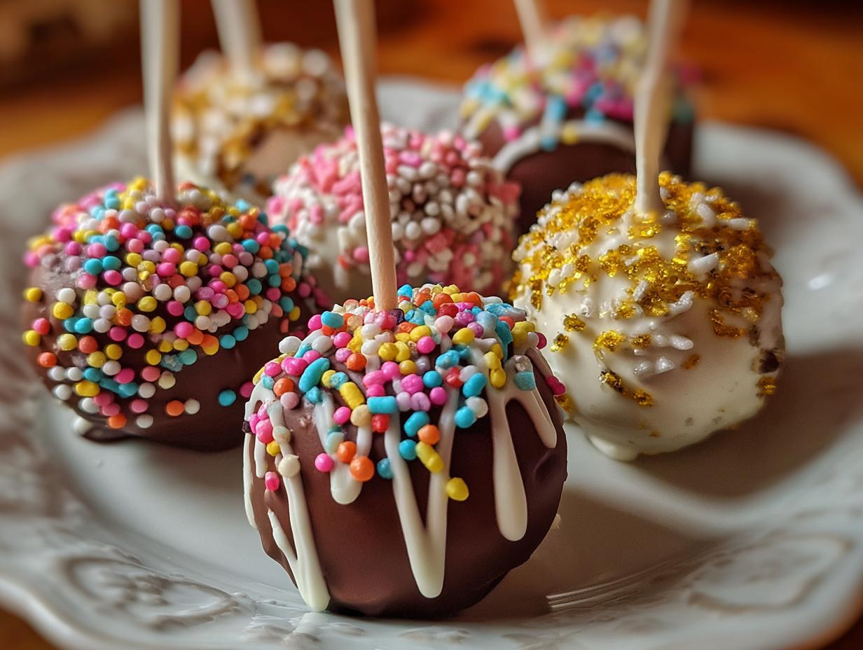 A plate of colorful, decorated Easiest No-Bake Cake Pops with sprinkles and chocolate drizzle.