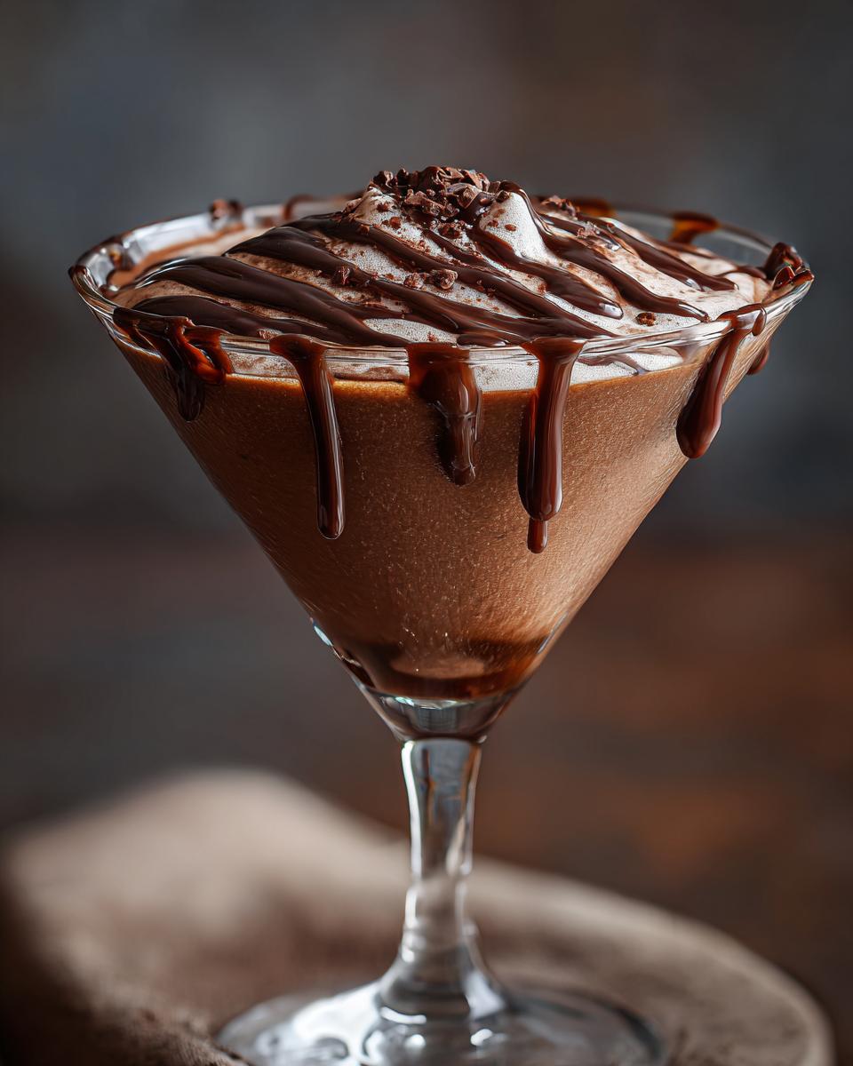 A decadent Easy 3-Ingredient Creamy Chocolate Martini in a martini glass, drizzled with chocolate and topped with whipped cream.