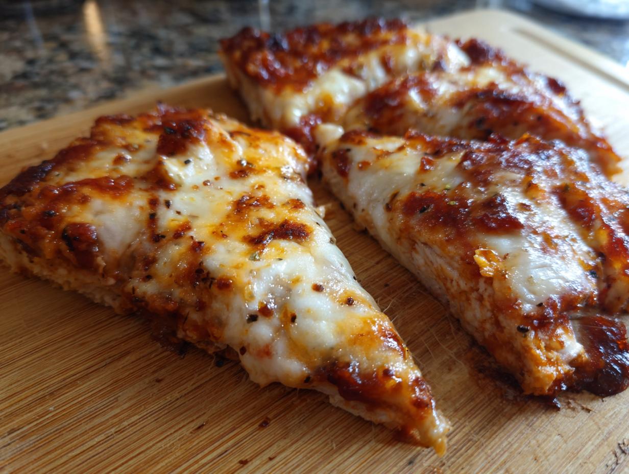 Slices of The Best Ever Easy Baked Chicken Parmesan on a wooden cutting board, topped with melted cheese and sauce.