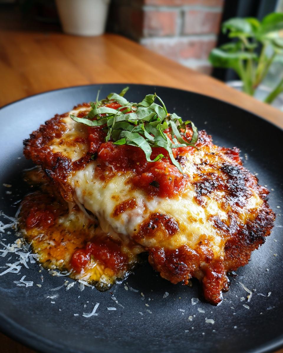 Close-up of The Best Ever Easy Baked Chicken Parmesan, topped with melted cheese, tomato sauce, and basil on a black plate.