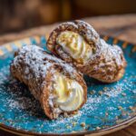 Two Easy Cannoli Cookies on a blue plate, filled with cream and dusted with powdered sugar.