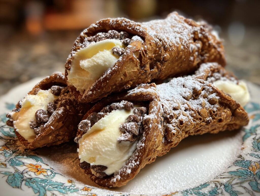 Close-up of Easy Cannoli Cookies filled with sweet cream and chocolate chips, dusted with powdered sugar.