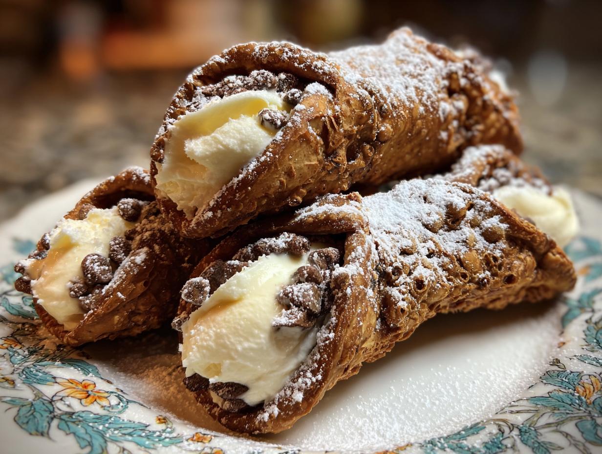 Close-up of Easy Cannoli Cookies filled with sweet cream and chocolate chips, dusted with powdered sugar.