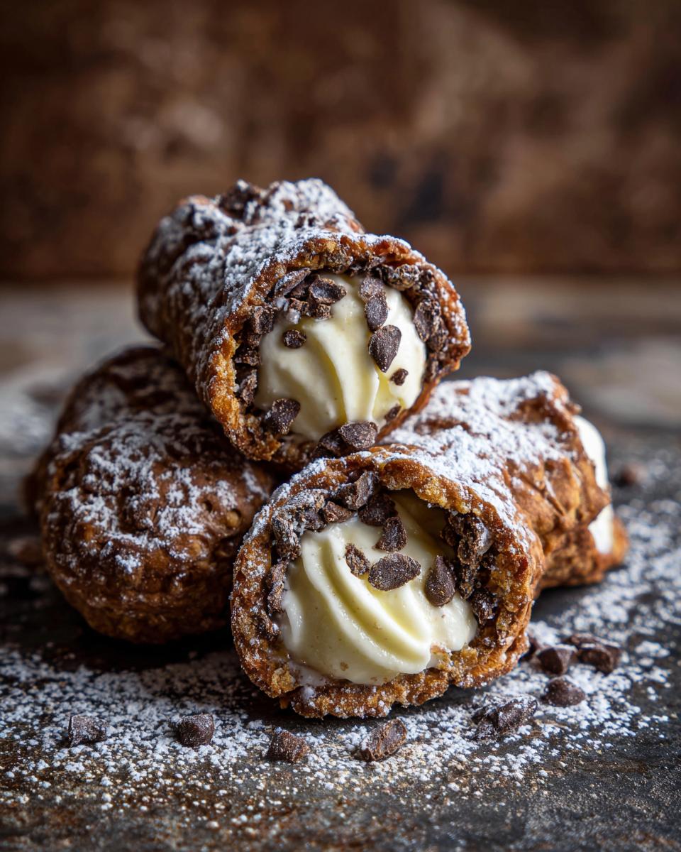 A stack of Easy Cannoli Cookies, dusted with powdered sugar and filled with cream and chocolate chips.