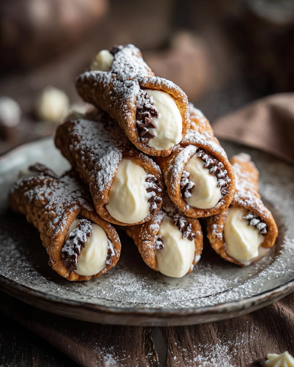 A stack of Easy Cannoli Cookies, filled with sweet cream and chocolate chips, dusted with powdered sugar.