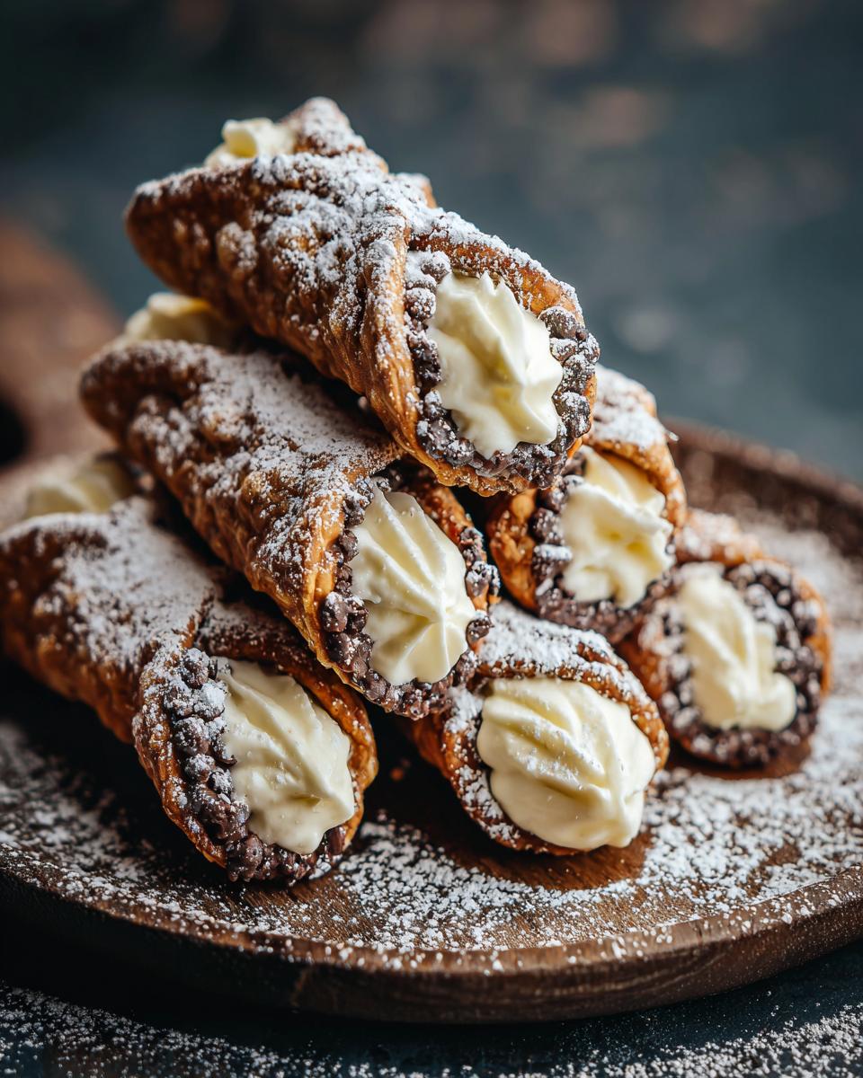 A stack of Easy Cannoli Cookies dusted with powdered sugar, filled with sweet cream and chocolate chips.