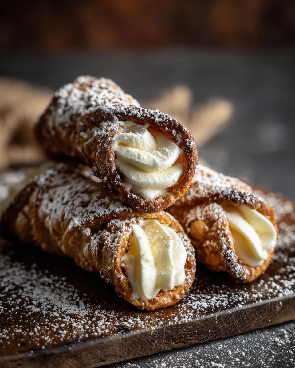 Three Easy Cannoli Cookies stacked on a wooden board, dusted with powdered sugar and filled with cream.