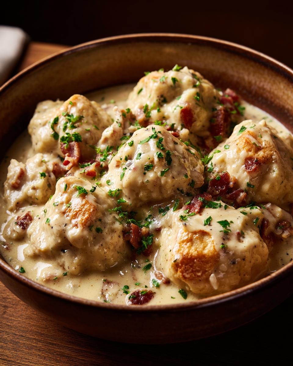 Bowl of ULTIMATE Easy Chicken and Biscuits Dumplings, topped with bacon and parsley.