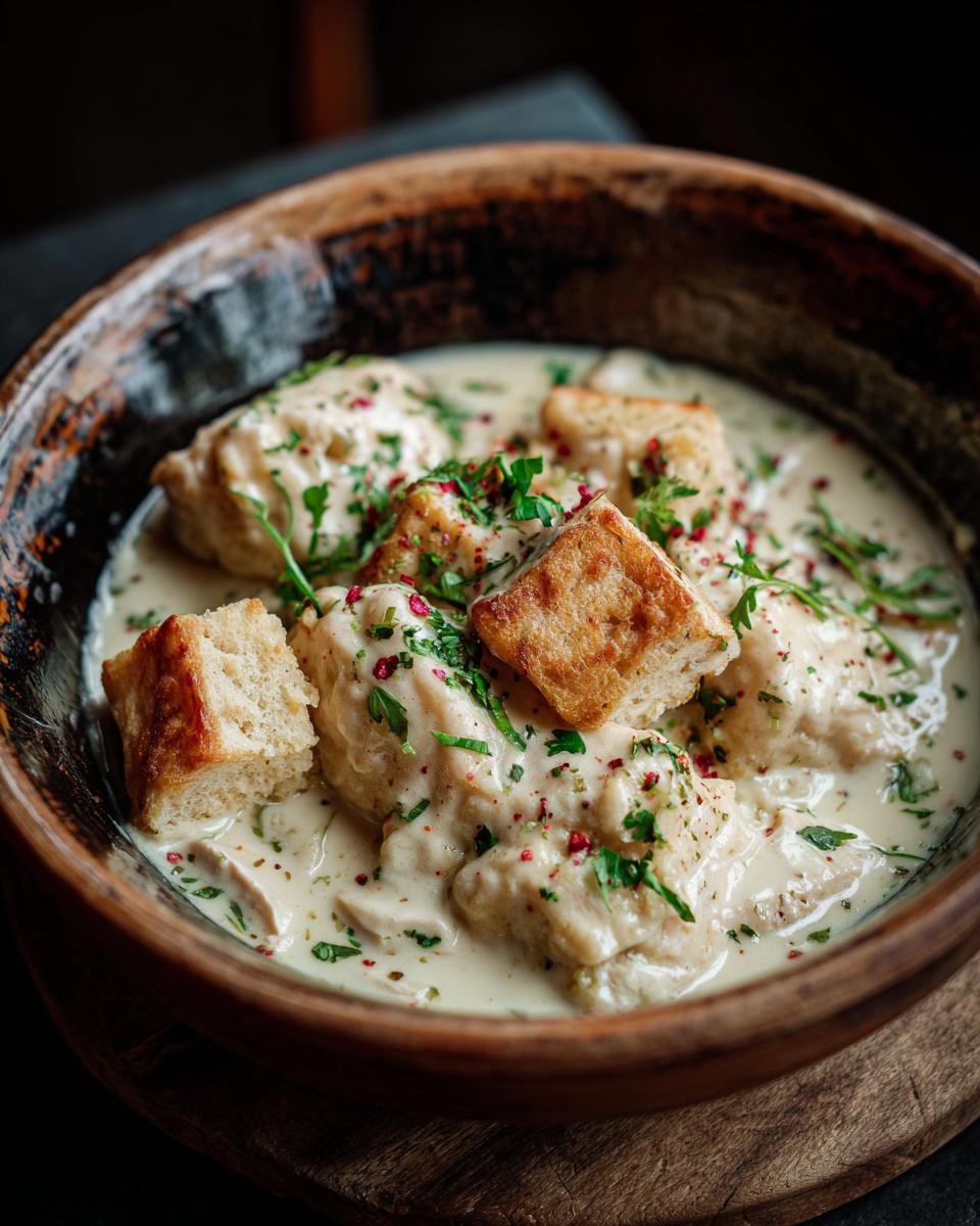 A rustic bowl filled with creamy ULTIMATE Easy Chicken and Biscuits Dumplings, garnished with herbs.