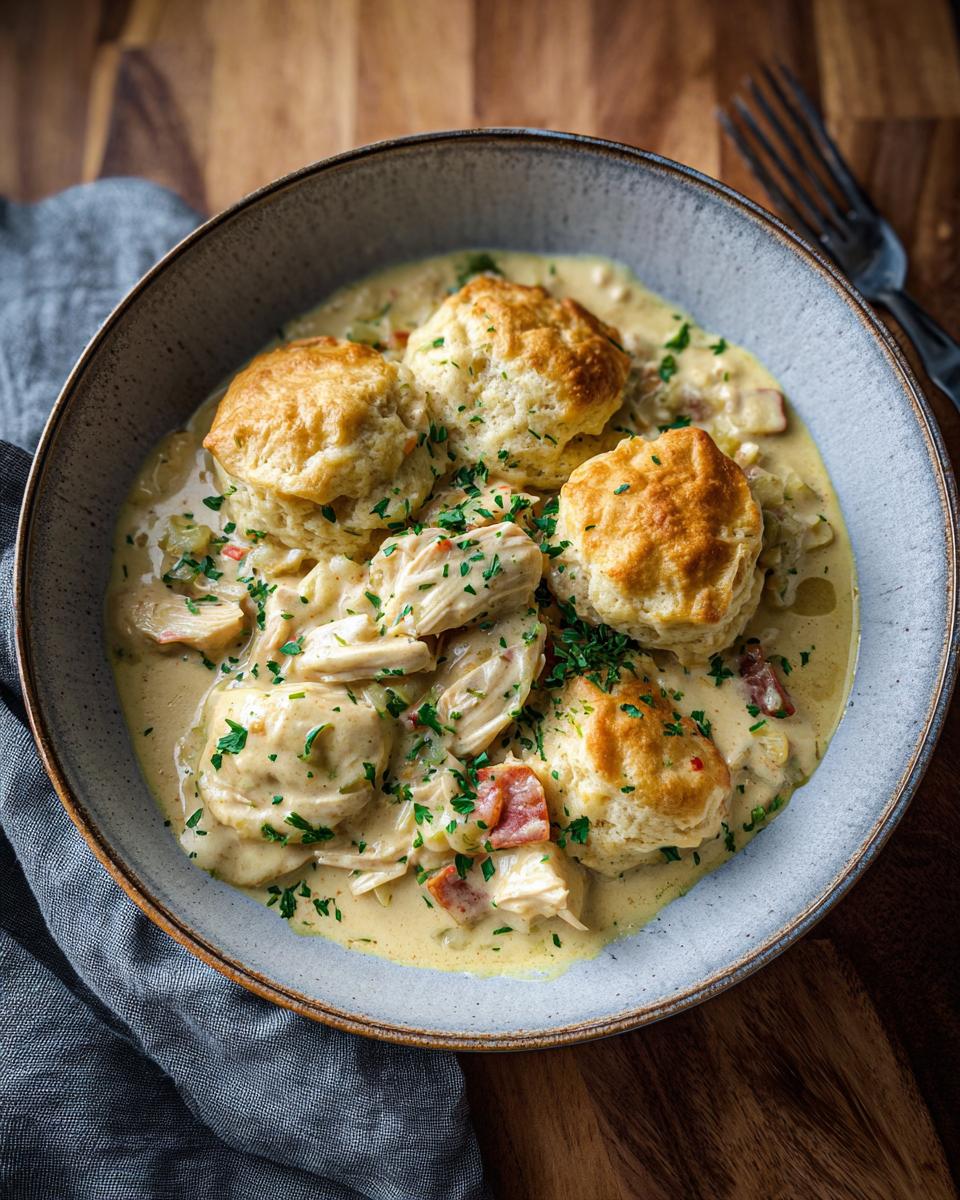Overhead shot of a bowl filled with creamy ULTIMATE Easy Chicken and Biscuits Dumplings, garnished with parsley.