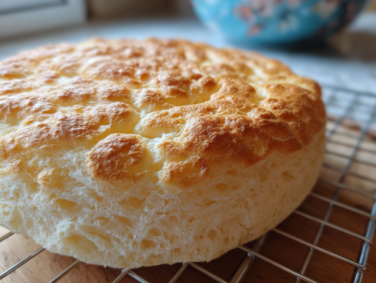 Close-up of freshly baked Cloud Bread cooling on a wire rack, showing its light and airy texture.