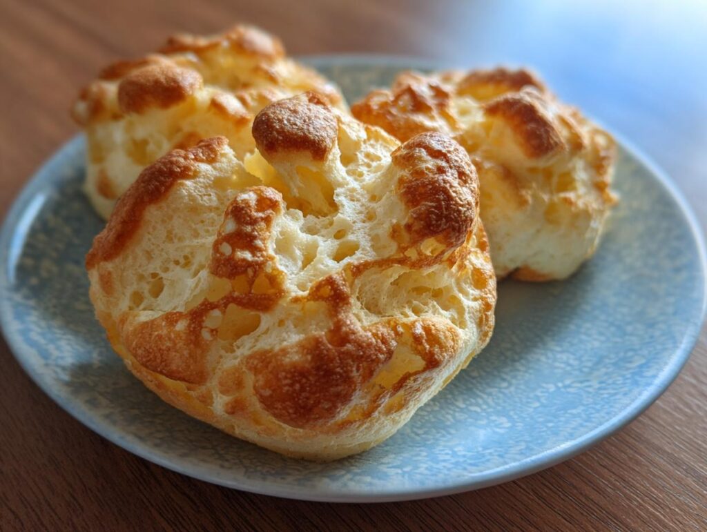 Three pieces of golden brown cloud bread on a light blue plate, showcasing its airy texture.