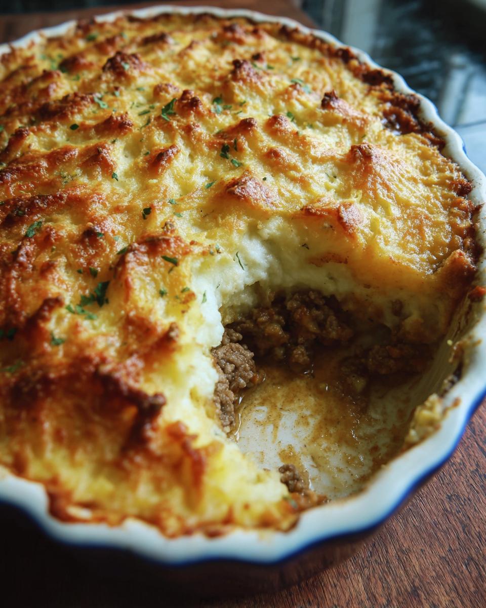 A delicious, golden brown cottage pie with a scoop missing, revealing the savory meat filling. The Best Easy Cottage Pie.