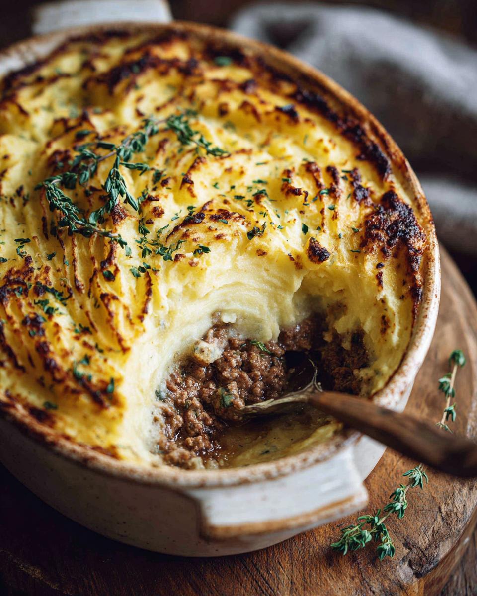 Close-up of The Best Easy Cottage Pie in a baking dish, with a spoonful of meat filling visible.