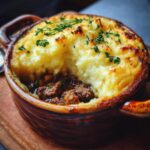 Close-up of The Best Easy Cottage Pie in a rustic ceramic dish, topped with mashed potatoes and fresh herbs.