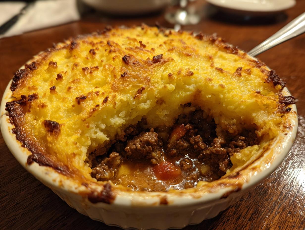 Close-up of a baked easy cottage pie in a white dish, showing the meat filling and mashed potato topping.