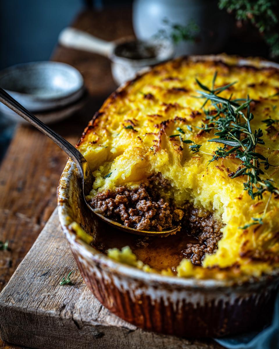 Spoon taking a portion of The Best Easy Cottage Pie, showing the meat filling and mashed potato topping.