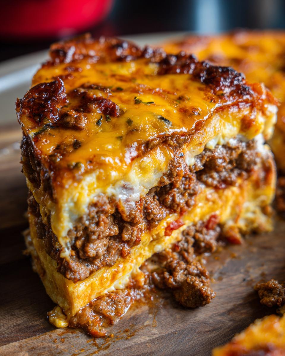 A close-up of a slice of Easy Family Taco Pie, showing layers of taco meat, cheese, and crust.