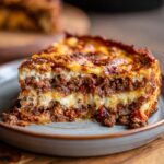 A delicious slice of Easy Family Taco Pie with layers of seasoned meat, cheese, and a golden crust.