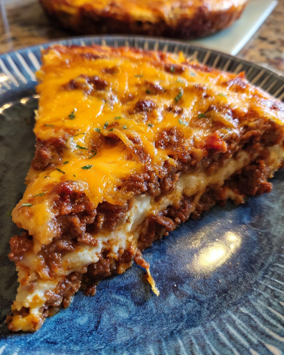 A slice of Easy Family Taco Pie on a blue plate, showing layers of meat, cheese, and crust.