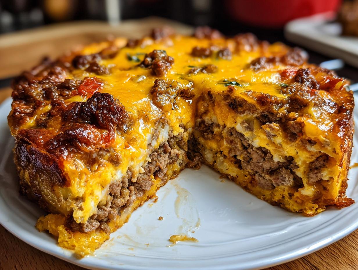 A delicious Easy Family Taco Pie, sliced open to show layers of meat, cheese, and crust.
