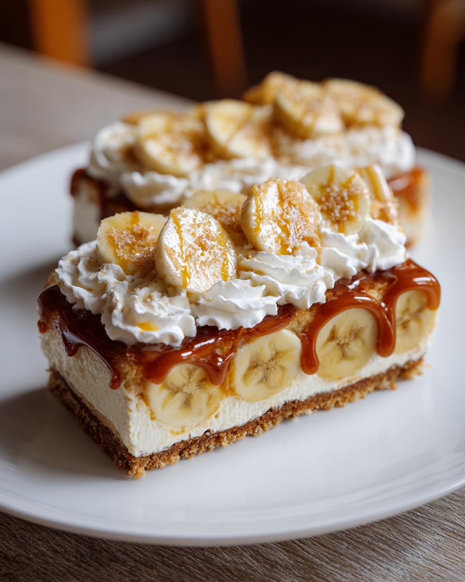 Two slices of Easy No-Bake Banoffee Pie, featuring layers of biscuit base, bananas, caramel, cream, and banana topping.