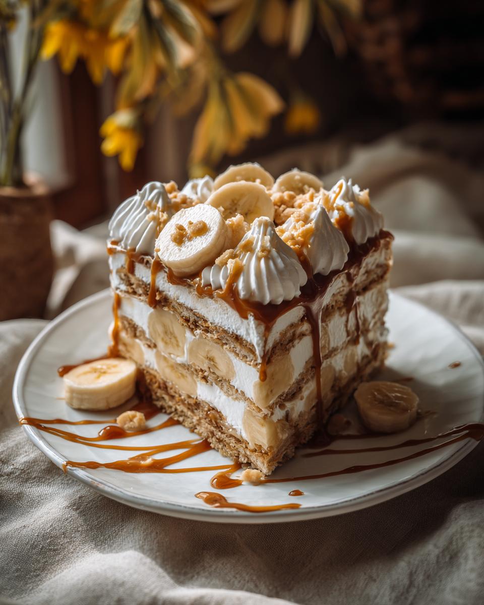 A slice of Easy No-Bake Banoffee Pie, showing layers of bananas, cream, and caramel on a plate.