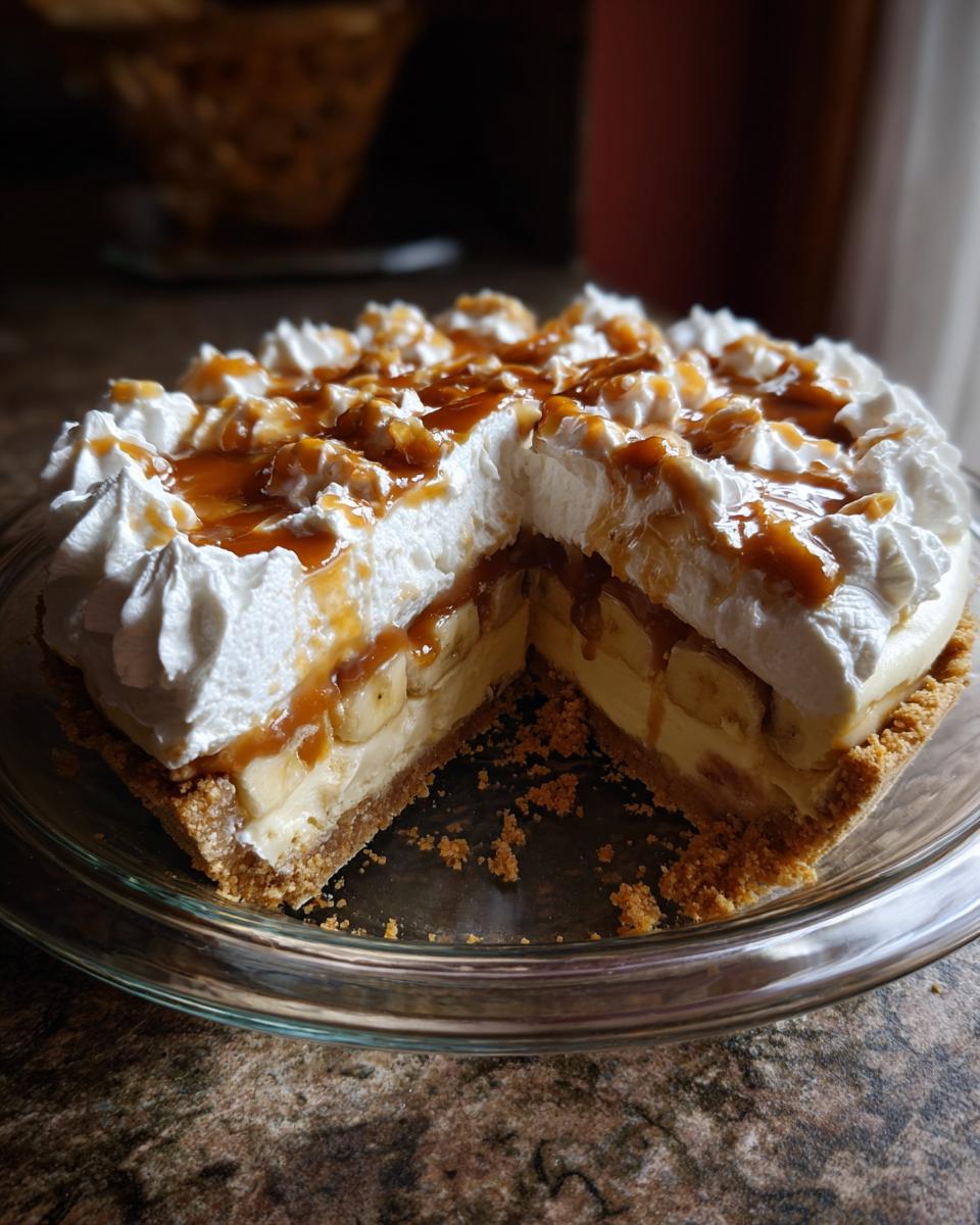 A delicious Easy No-Bake Banoffee Pie with a slice cut out, showing layers of bananas, cream, and caramel.