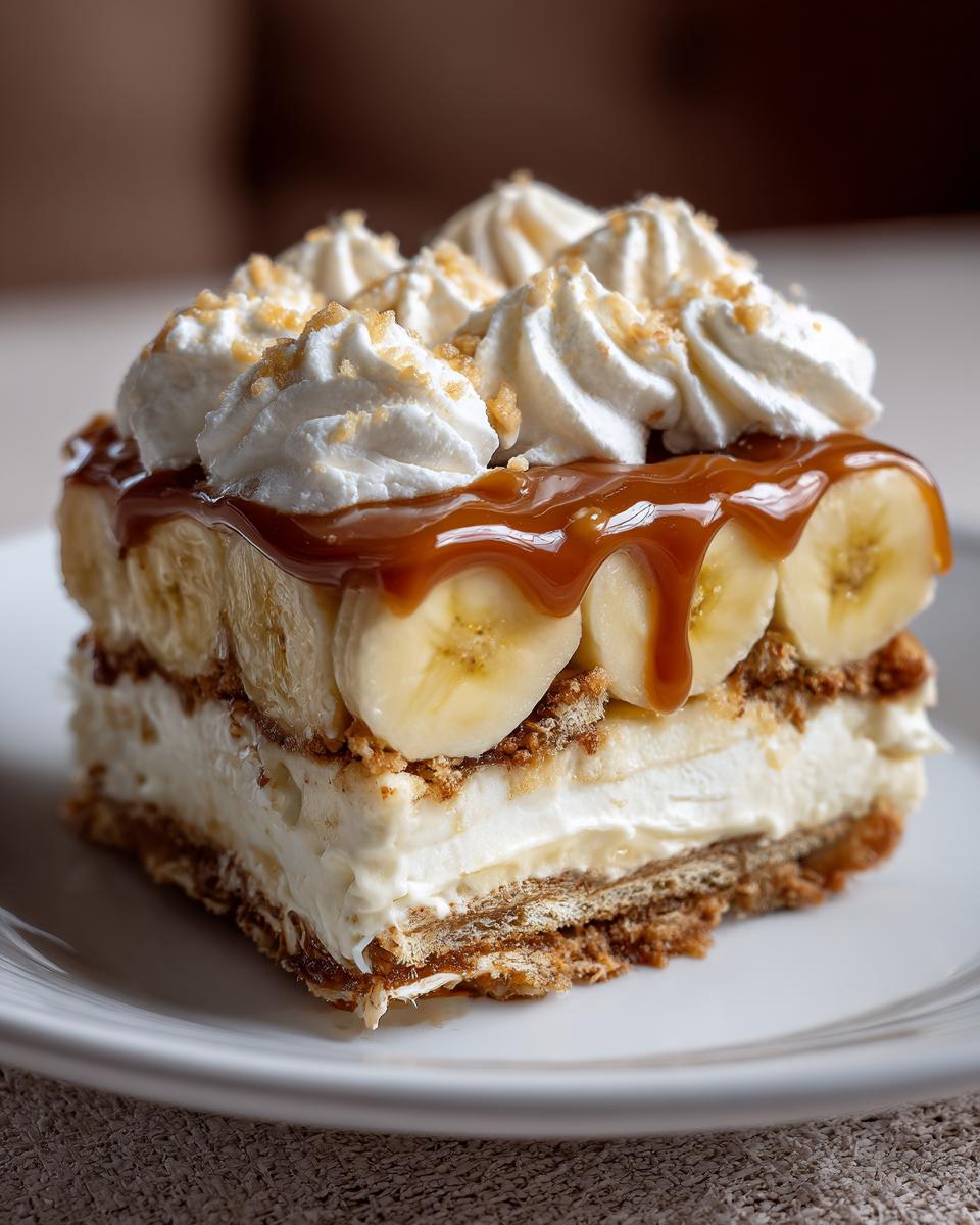A slice of Easy No-Bake Banoffee Pie, featuring layers of biscuit, cream, bananas, caramel, and whipped cream.