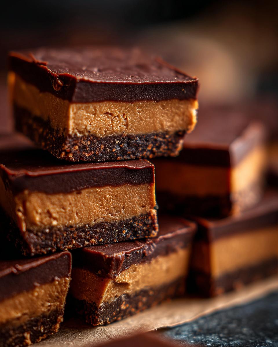 A stack of Easy No-Bake Chocolate Peanut Butter Fudge squares, showcasing the layers of chocolate, peanut butter, and crust.