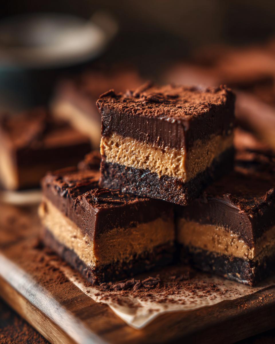 Stacked squares of Easy No-Bake Chocolate Peanut Butter Fudge, dusted with cocoa powder, on a wooden board.