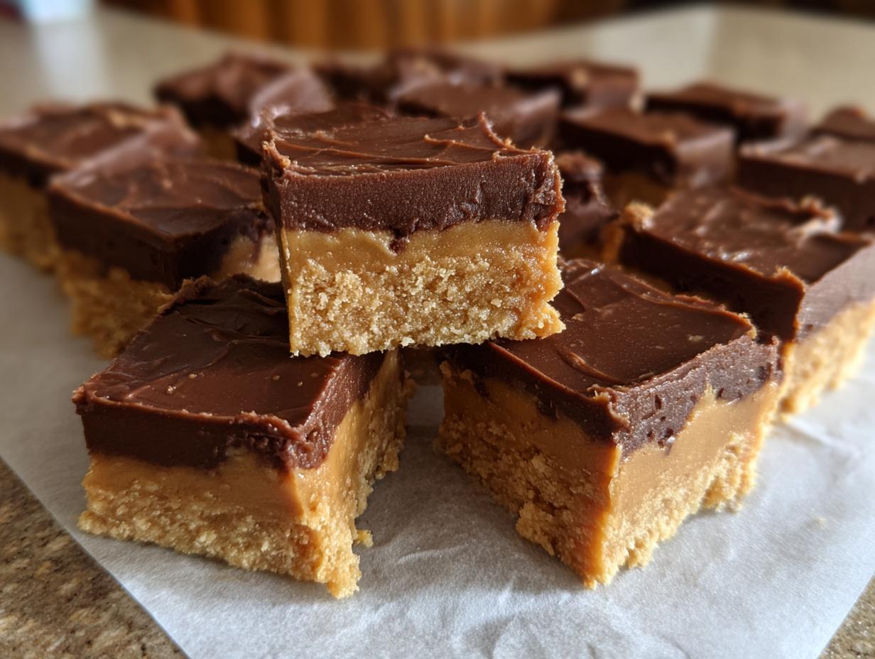 Squares of Easy No-Bake Chocolate Peanut Butter Fudge, showcasing the layers of peanut butter and chocolate.