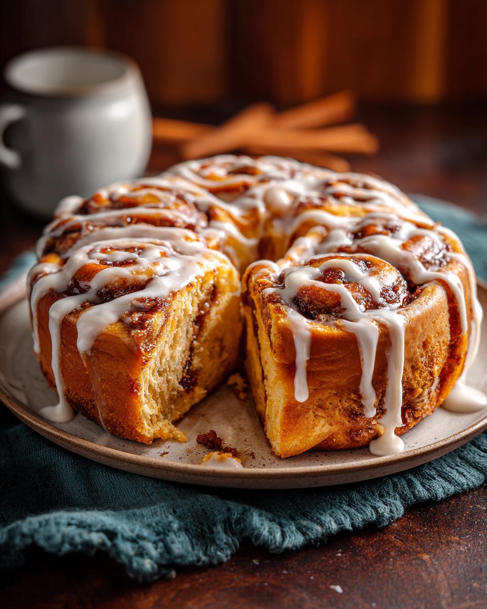 A freshly baked Easy No-Yeast Cinnamon Roll Cake with a slice cut out, drizzled with white icing on a plate.