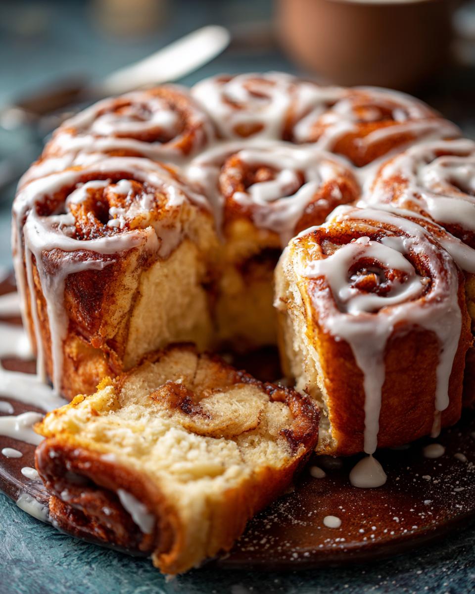 A freshly baked Easy No-Yeast Cinnamon Roll Cake with a slice removed, drizzled with creamy white icing.