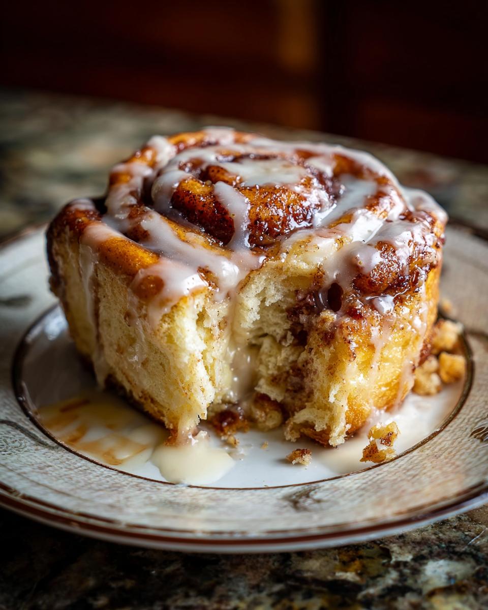 A partially eaten Easy No-Yeast Cinnamon Roll Cake with icing on a decorative plate.
