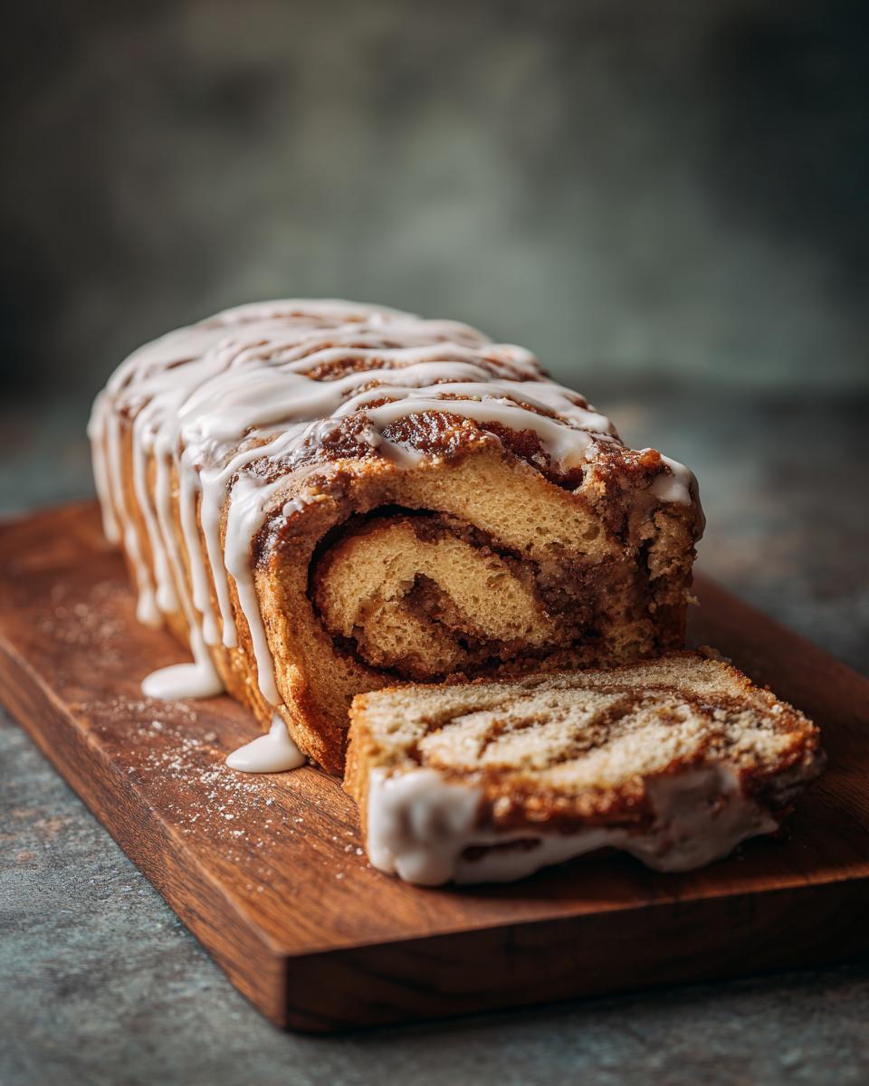 A slice of Easy No-Yeast Cinnamon Roll Cake with icing on a wooden board, showcasing the cinnamon swirl.
