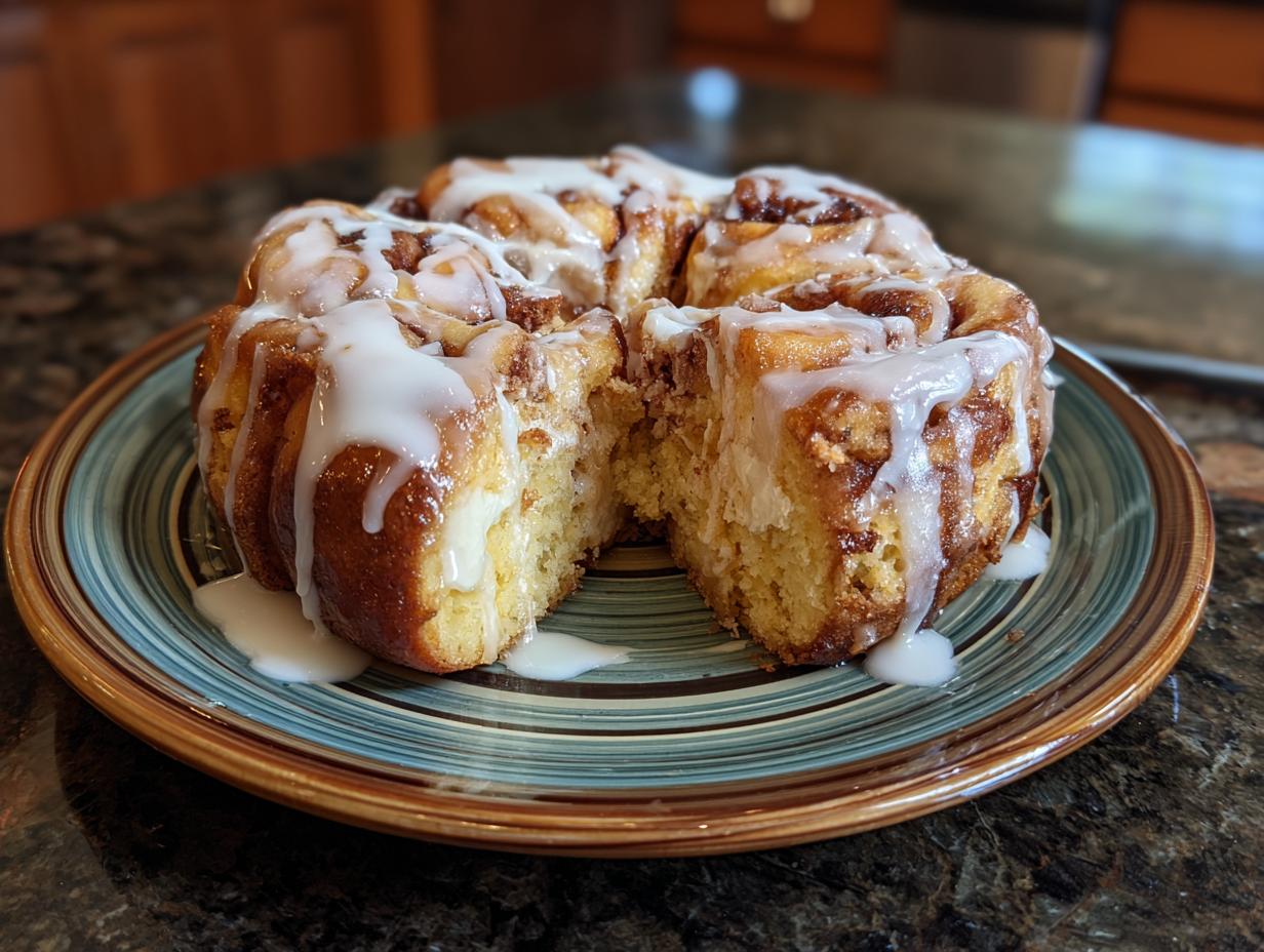 A delicious Easy No-Yeast Cinnamon Roll Cake on a plate, drizzled with sweet icing.