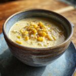 A bowl of Easy One-Pot Creamy Corn Chowder, garnished with corn kernels and spices, sits on a blue plate.