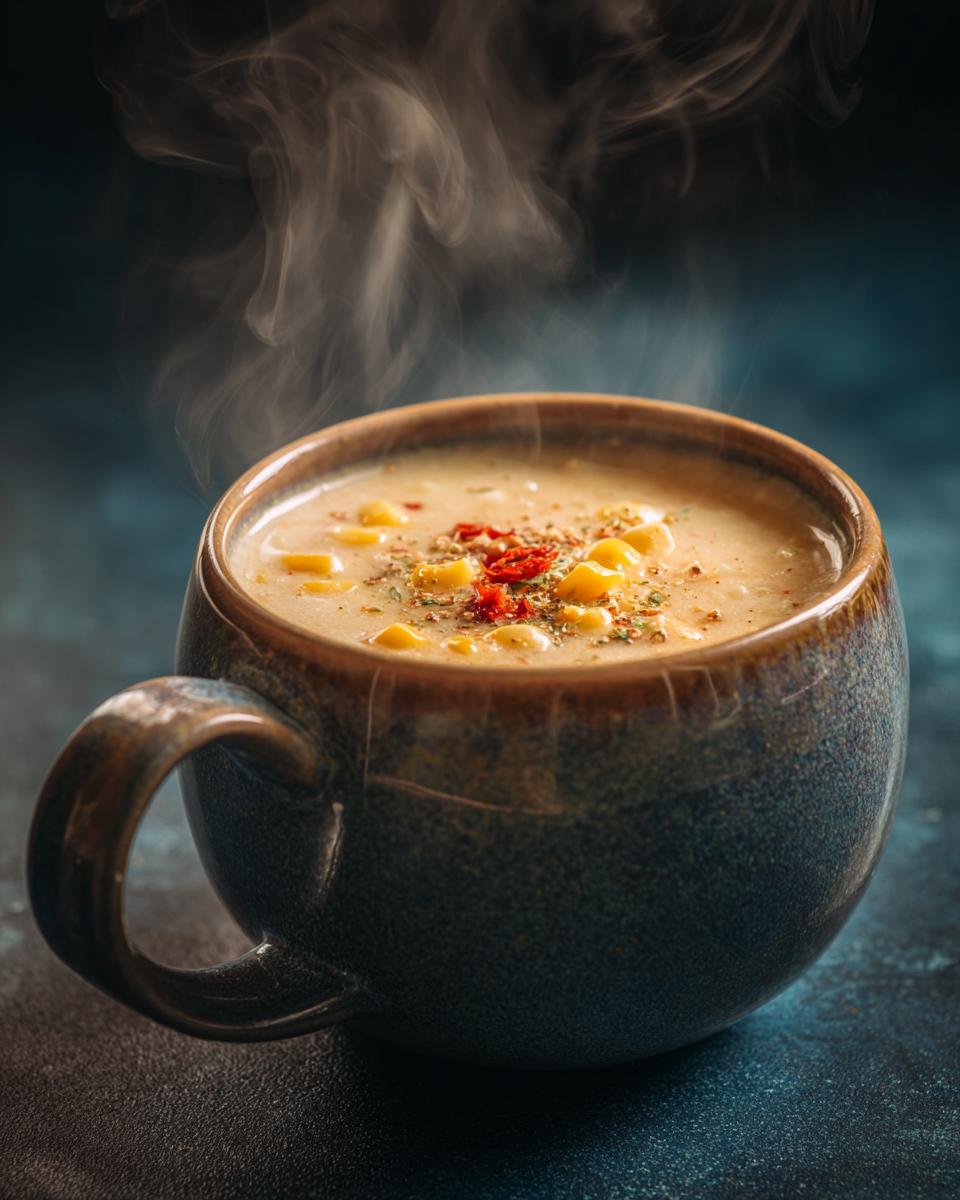 A mug of steaming Easy One-Pot Creamy Corn Chowder, garnished with herbs and spices, on a dark blue surface.