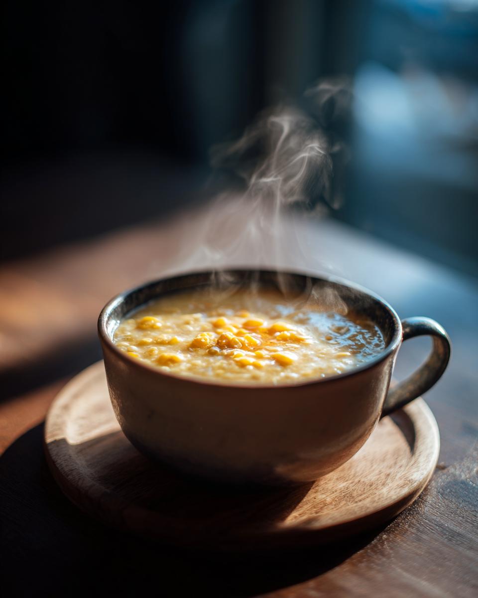 A steaming bowl of Easy One-Pot Creamy Corn Chowder on a wooden coaster, showcasing its creamy texture and golden corn.