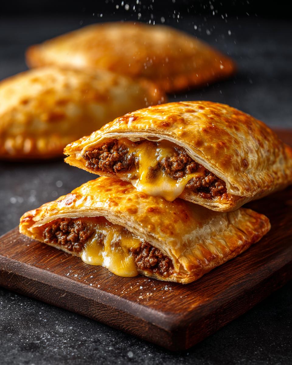 Two halves of a 33-Minute Flaky Cheeseburger Pockets stacked, showing the ground beef and melted cheese filling.