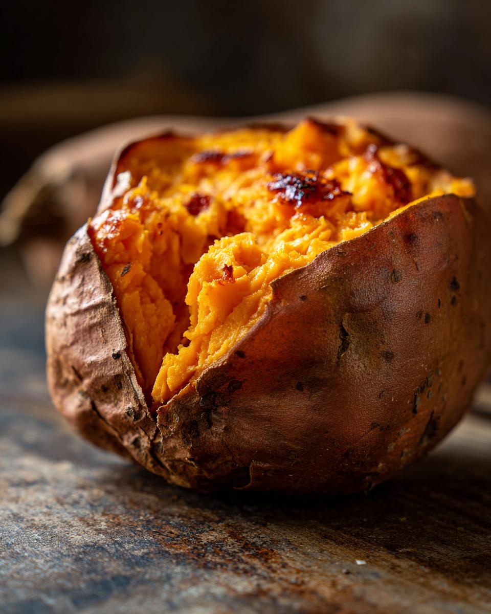 Close-up of The ULTIMATE Fluffy Baked Sweet Potato, showing its fluffy interior and slightly caramelized top.
