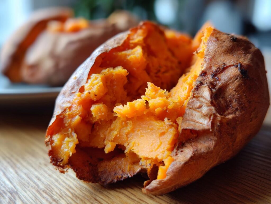 Close-up of a fluffy baked sweet potato, split open to reveal its soft, orange flesh.